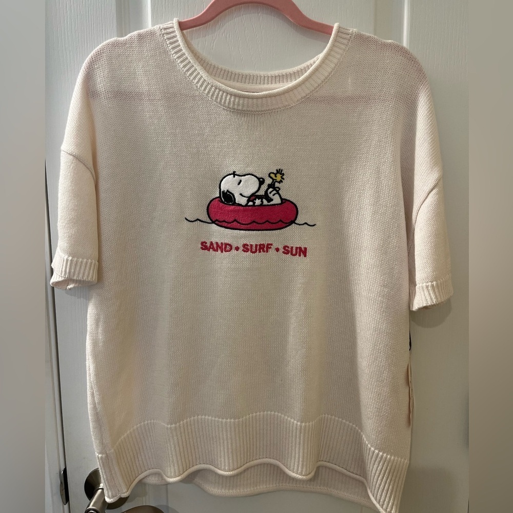 🆕 Peanuts Snoopy & Woodstock Graphic Pullover Sweater Short Sleeve Cream  L